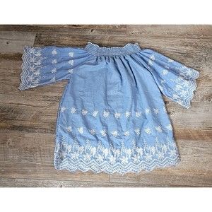 Now And‎ Forever Chambray Off The Shoulder Tunic Size Large Blue Embroidery Boho